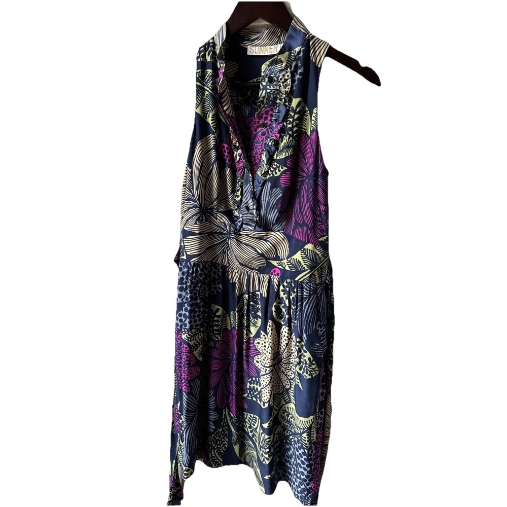 Sunner‎ Silk Sleeveless Belted Dress SIze 2 Tropical Vacation Pockets Tie Back